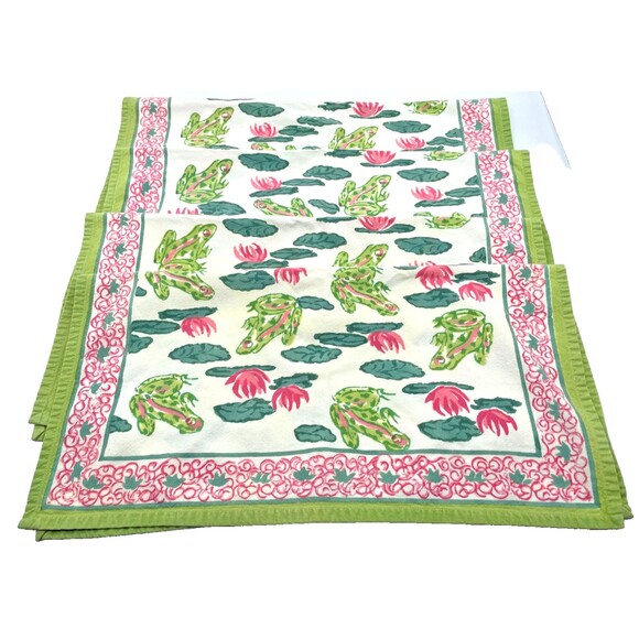 Pomegranate Cotton Napkins Set of 4 Pink & Green Frogs Lily Pads Whimsical - Picture 3 of 11